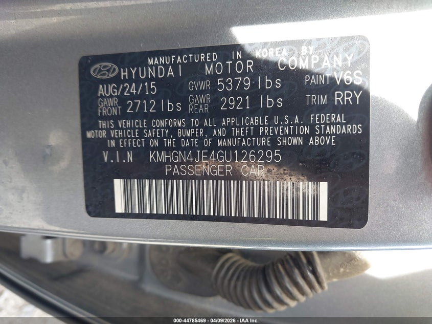 2016 Hyundai Genesis 3.8 VIN: KMHGN4JE4GU126295 Lot: 44785469