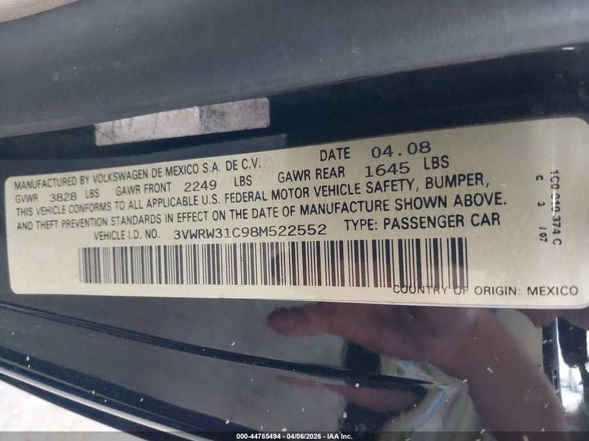 2008 Volkswagen New Beetle S/Se VIN: 3VWRW31C98M522552 Lot: 44785494