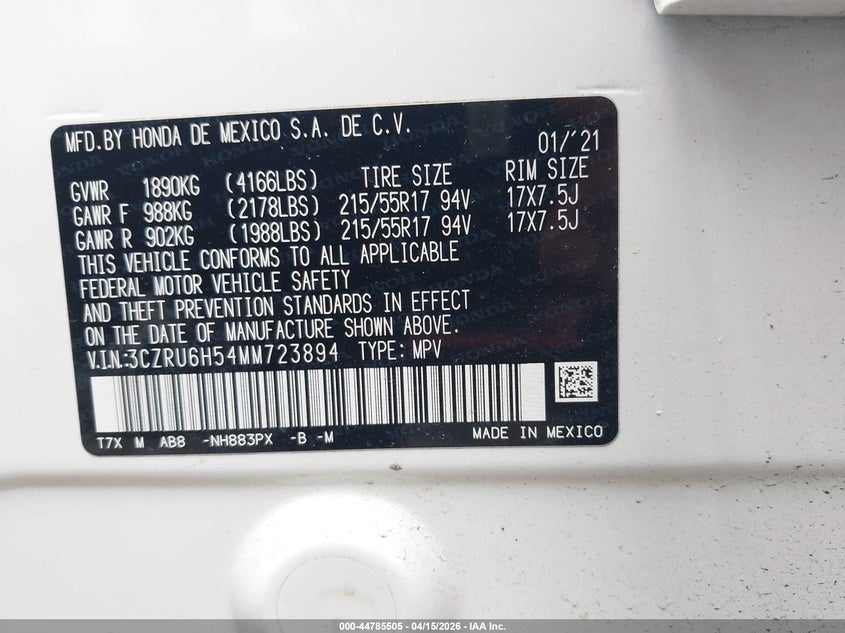 2021 Honda Hr-V Awd Ex VIN: 3CZRU6H54MM723894 Lot: 44785505