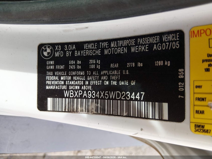 2005 BMW X3 3.0I VIN: WBXPA934X5WD23447 Lot: 44785547