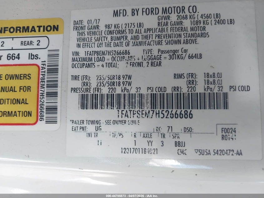 2017 Ford Mustang 3.7 V6 white Lot 111044785573 Vin 1FATP8EM7H5266686