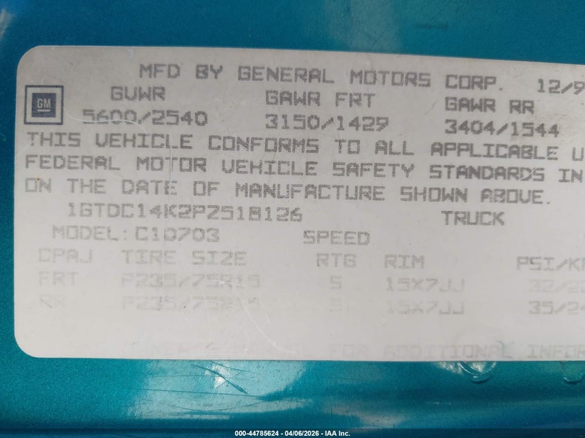 1993 GMC Sierra VIN: 1GTDC14K2P7518126 Lot: 44785624