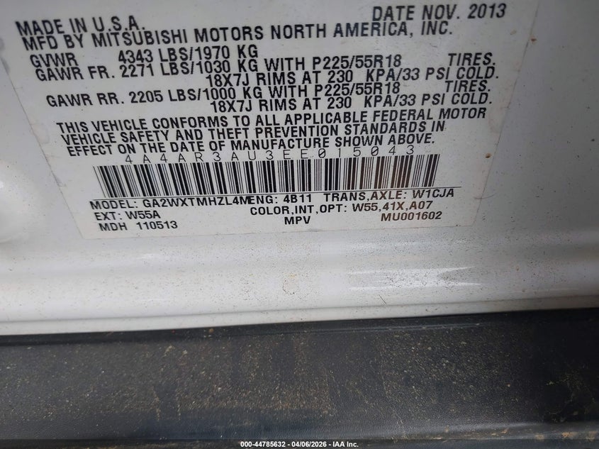 2014 Mitsubishi Outlander Sport Es VIN: 4A4AR3AU3EE015043 Lot: 44785632