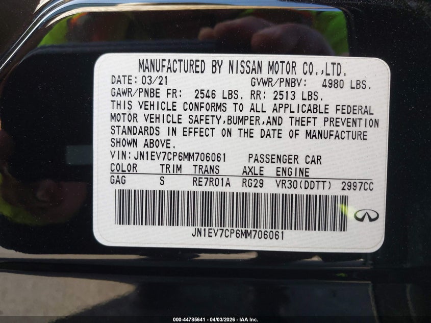 VIN JN1EV7CP6MM706061 2021 INFINITI Q50 SIGNATURE EDITION
