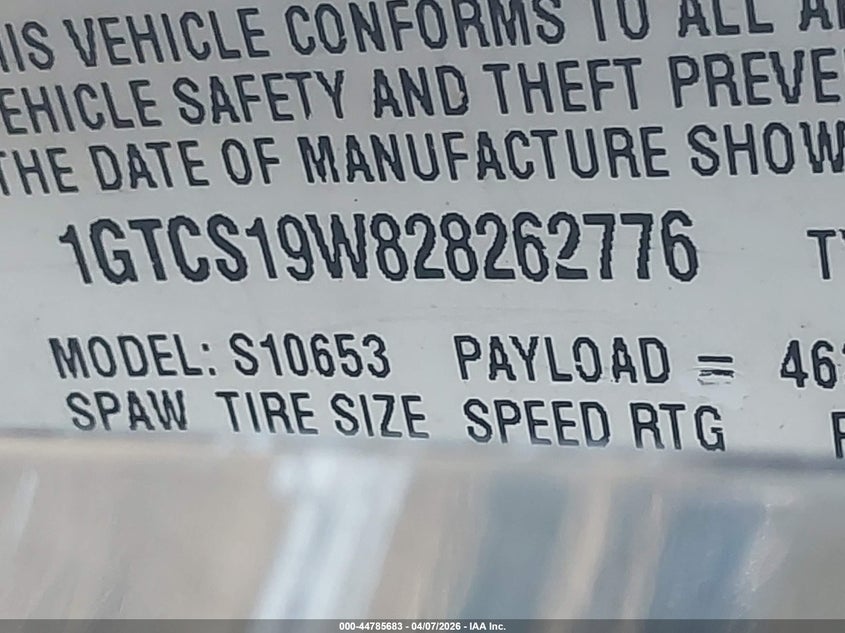 2002 GMC Sonoma Sl VIN: 1GTCS19W828262776 Lot: 44785683
