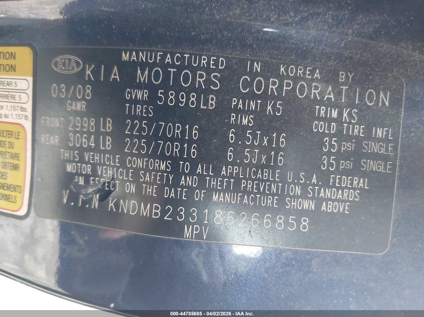 2008 Kia Sedona Lx VIN: KNDMB233186266858 Lot: 44785685