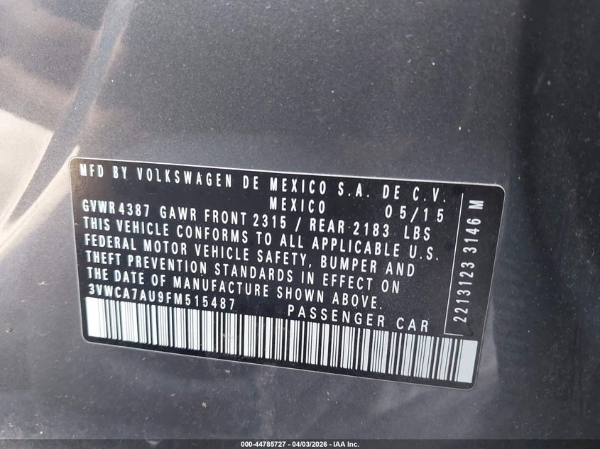 2015 Volkswagen Golf Sportwagen Tdi S 4-Door VIN: 3VWCA7AU9FM515487 Lot: 44785727