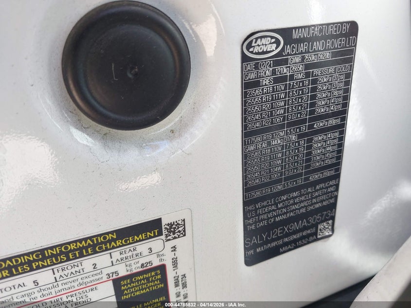 2021 Land Rover Range Rover Velar P250 S VIN: SALYJ2EX9MA305734 Lot: 44785832