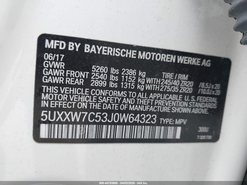 2018 BMW X4 M40I VIN: 5UXXW7C53J0W64323 Lot: 44785868