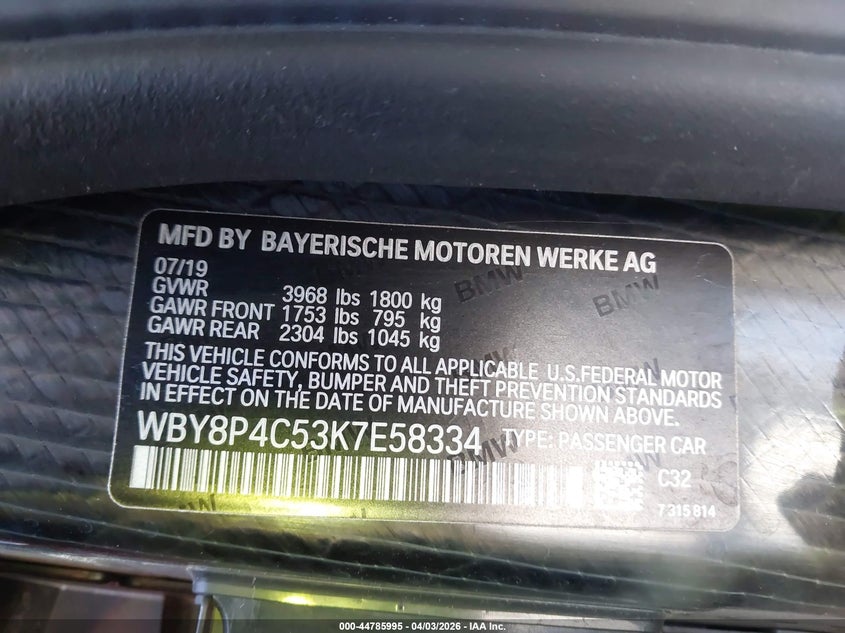 2019 BMW I3 120Ah W/Range Extender VIN: WBY8P4C53K7E58334 Lot: 44785995