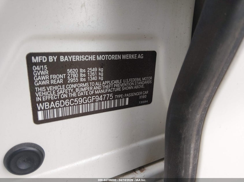 2016 BMW 650I Gran Coupe xDrive VIN: WBA6D6C59GGF94775 Lot: 44786000