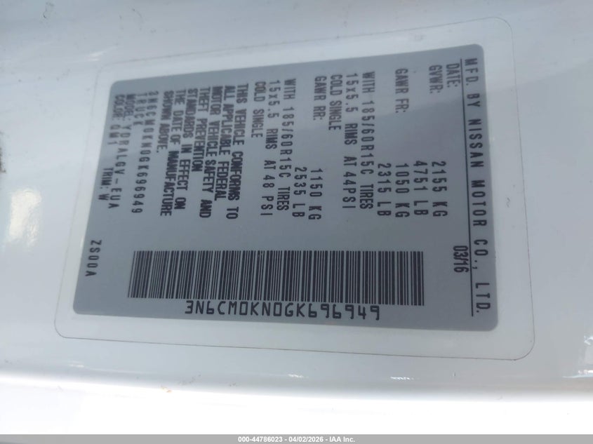 2016 Nissan Nv200 Sv VIN: 3N6CM0KN0GK696949 Lot: 44786023