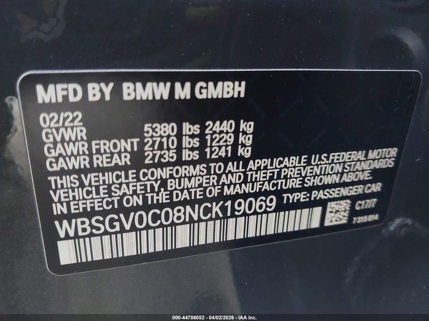 2022 BMW M8 Gran Coupe Competition VIN: WBSGV0C08NCK19069 Lot: 44786052