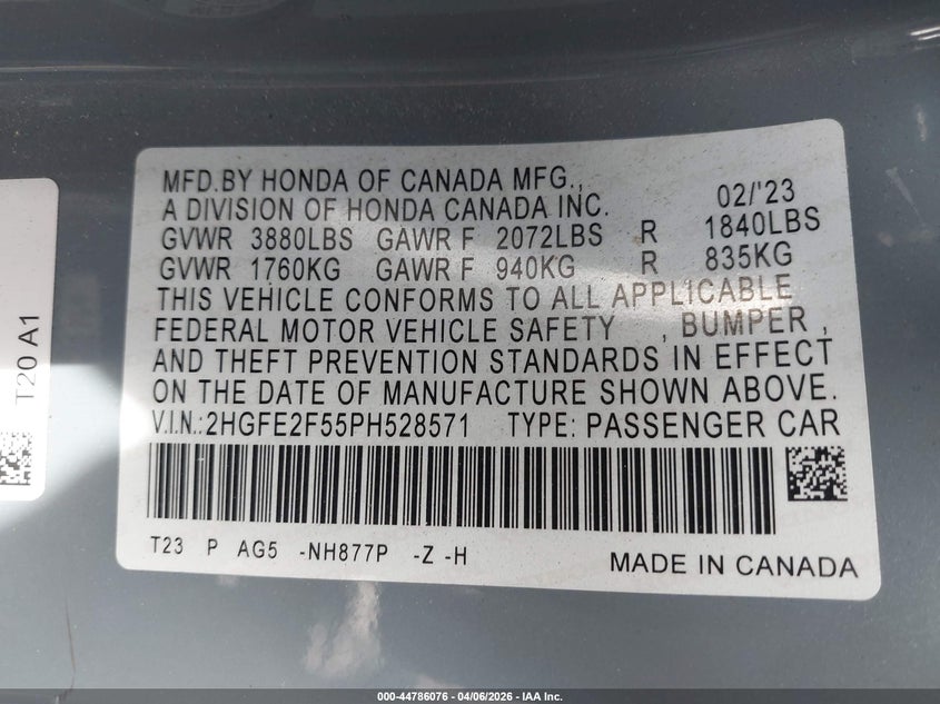 2023 HONDA CIVIC SEDAN 2.0L I-4 DI, DOHC, VVT, 158HP
