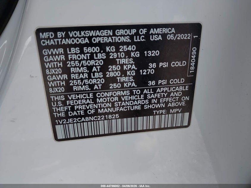 2022 Volkswagen Atlas Cross Sport 3.6L V6 Se W/Technology VIN: 1V2JE2CA8NC221825 Lot: 44786082