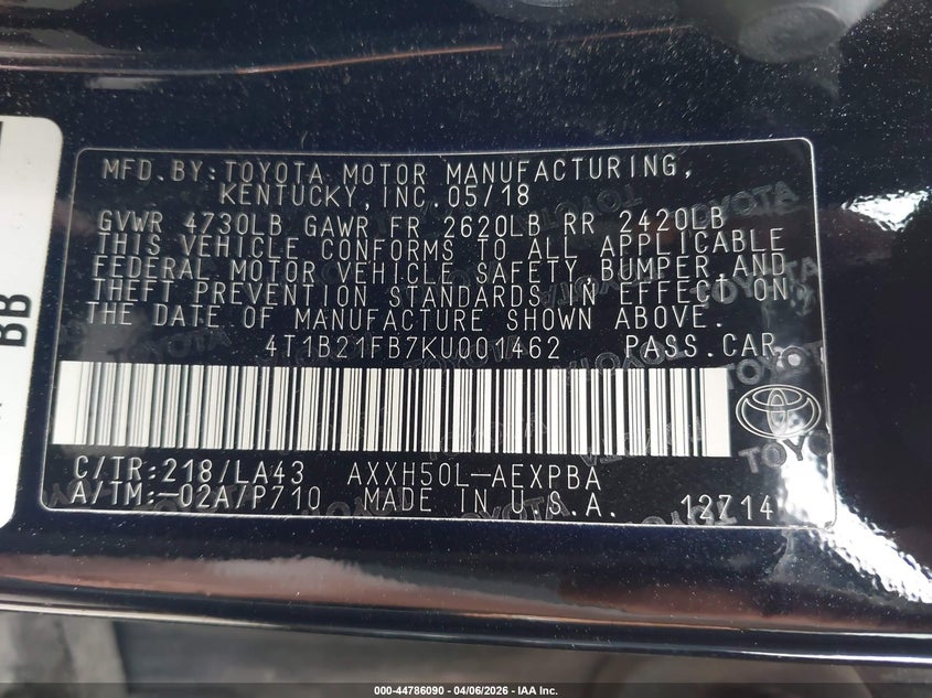 2019 Toyota Avalon Hybrid Limited VIN: 4T1B21FB7KU001462 Lot: 44786090