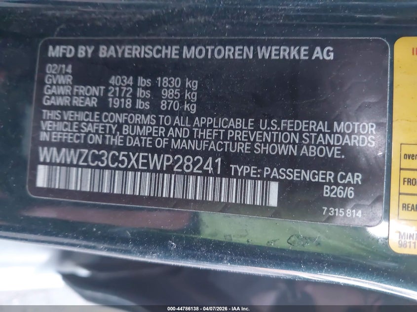 2014 Mini Countryman Cooper S VIN: WMWZC3C5XEWP28241 Lot: 44786138