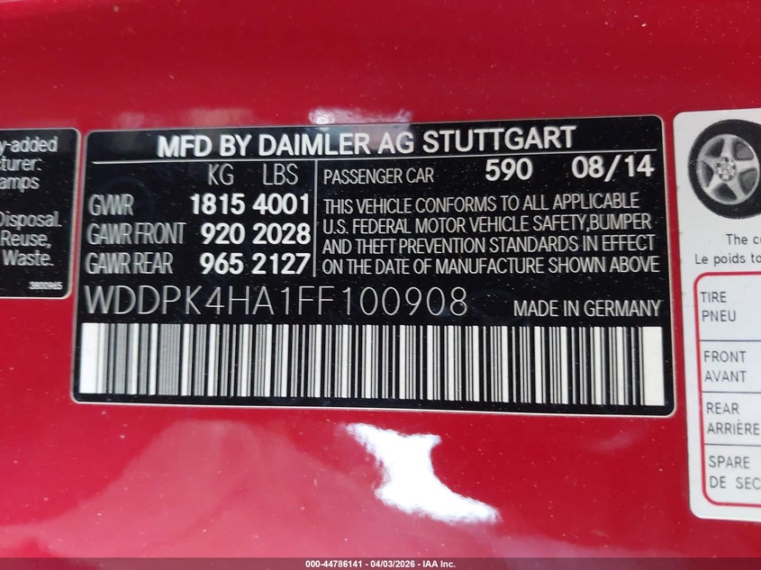 2015 Mercedes-Benz Slk 250 VIN: WDDPK4HA1FF100908 Lot: 44786141