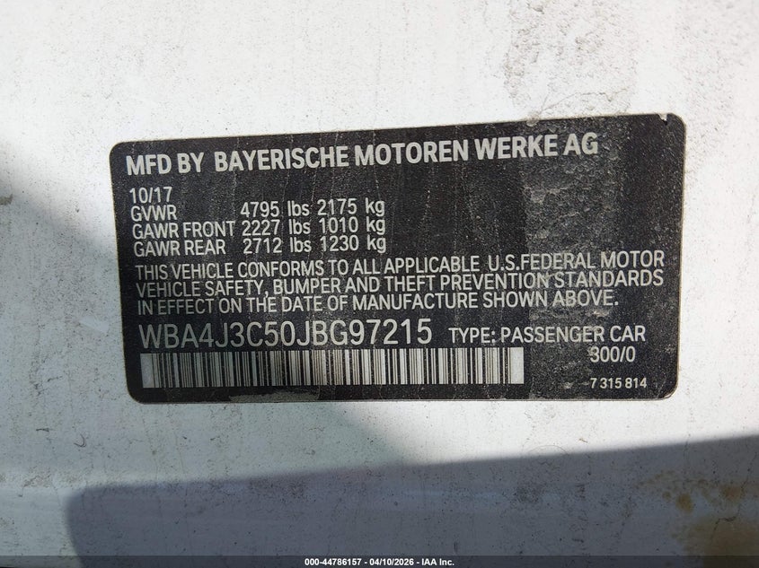 2018 BMW 430I Gran Coupe xDrive VIN: WBA4J3C50JBG97215 Lot: 44786157