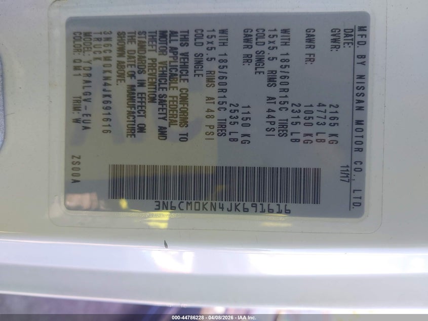 2018 Nissan Nv200 Sv VIN: 3N6CM0KN4JK691616 Lot: 44786228