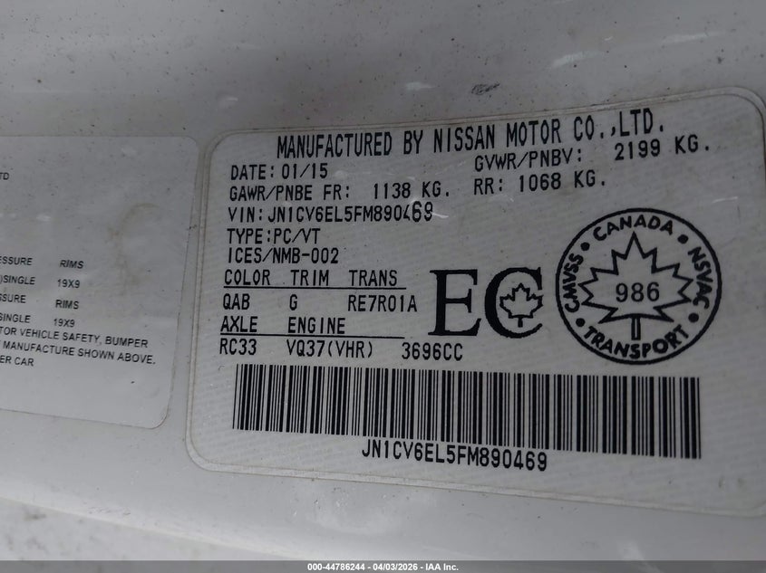 2015 Infiniti Q60 VIN: JN1CV6EL5FM890469 Lot: 44786244