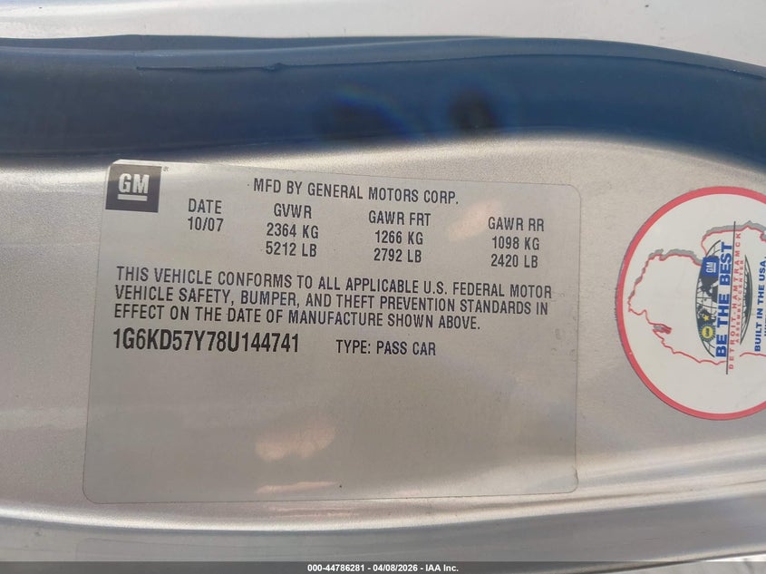 2008 Cadillac Dts 1Sb VIN: 1G6KD57Y78U144741 Lot: 44786281