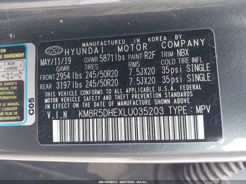 2020 Hyundai Palisade 3.8 Limited grey Lot 111044786312 Vin KM8R5DHEXLU035203