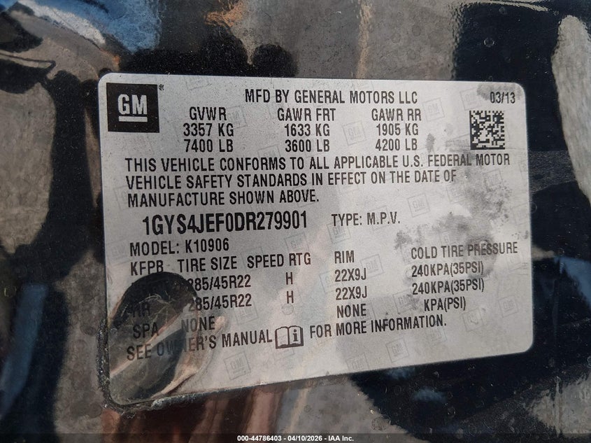 2013 Cadillac Escalade Esv Premium VIN: 1GYS4JEF0DR279901 Lot: 44786403