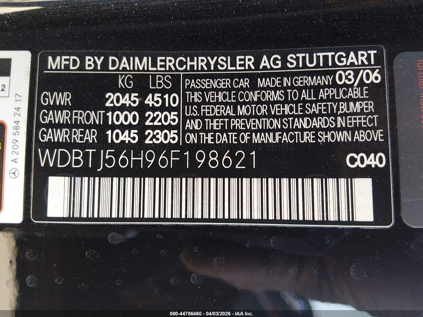 2006 Mercedes-Benz Clk 350 VIN: WDBTJ56H96F198621 Lot: 44786460