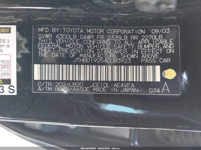 2004 Lexus Is 300 VIN: JTHBD192540083923 Lot: 44786539