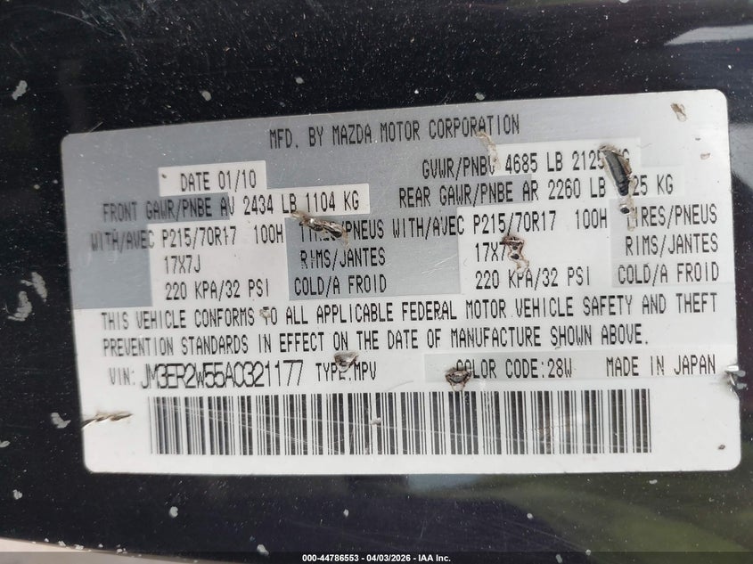 2010 Mazda Cx-7 I Sport VIN: JM3ER2W55A0321177 Lot: 44786553