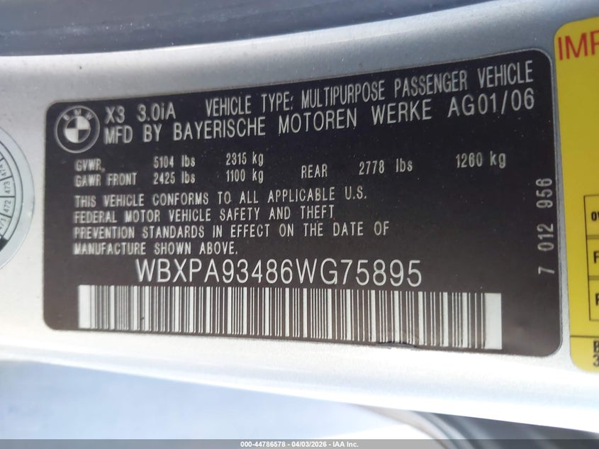 2006 BMW X3 3.0I VIN: WBXPA93486WG75895 Lot: 44786578