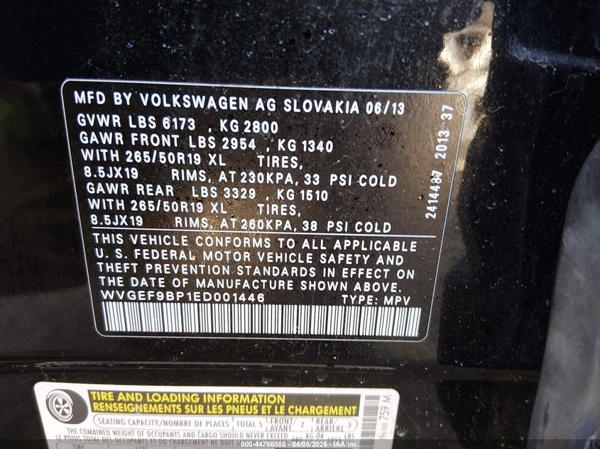 2014 Volkswagen Touareg 3.6L Lux VIN: WVGEF9BP1ED001446 Lot: 44786580