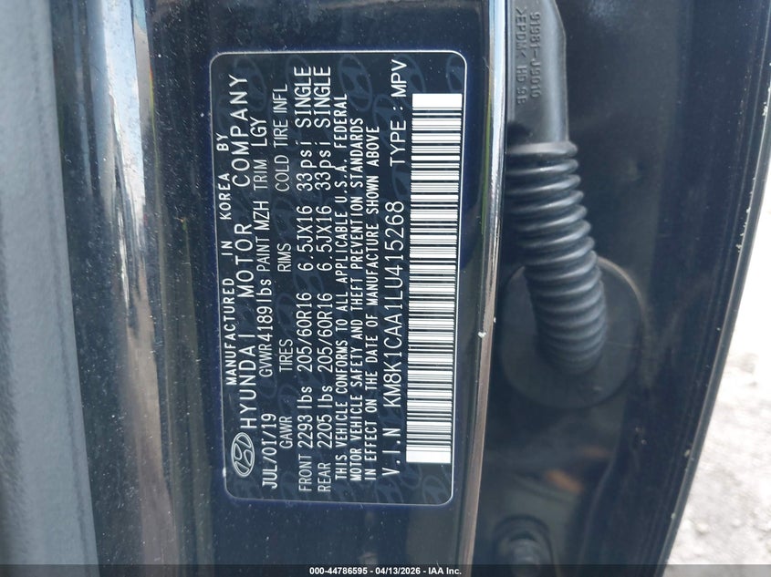 VIN KM8K1CAA1LU415268 2020 HYUNDAI KONA SE