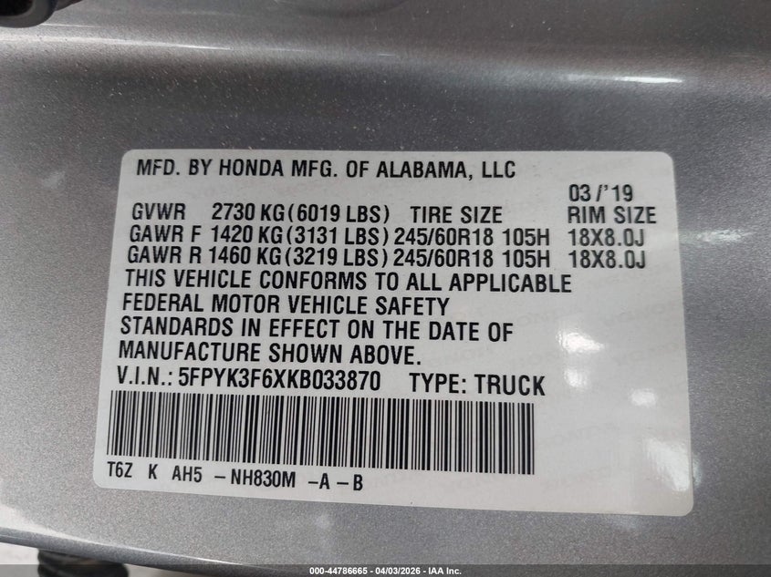 2019 Honda Ridgeline Rtl-T VIN: 5FPYK3F6XKB033870 Lot: 44786665