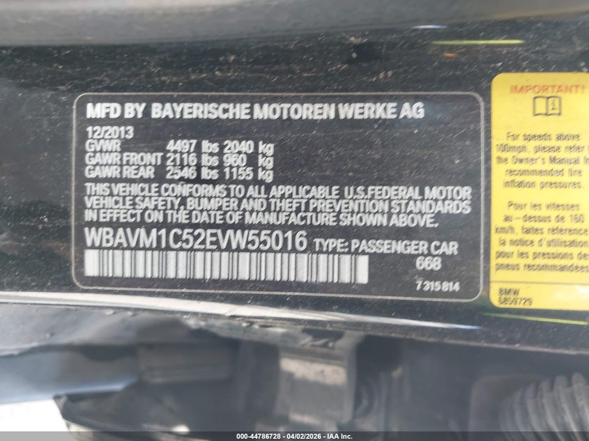 2014 BMW X1 Sdrive28I VIN: WBAVM1C52EVW55016 Lot: 44786728