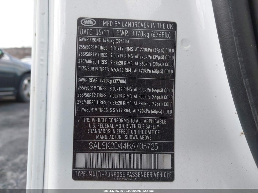 2011 Land Rover Range Rover Sport Hse VIN: SALSK2D44BA705725 Lot: 44786736