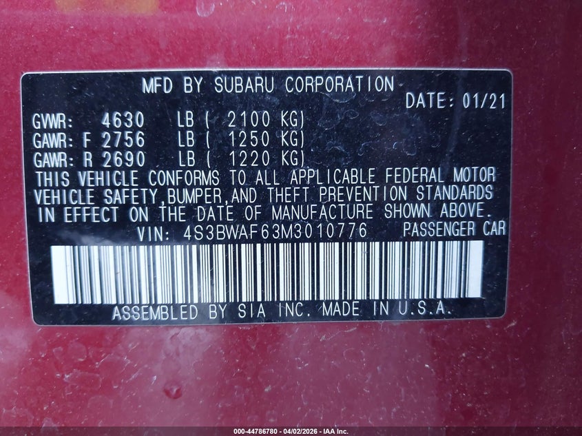2021 Subaru Legacy Premium VIN: 4S3BWAF63M3010776 Lot: 44786780