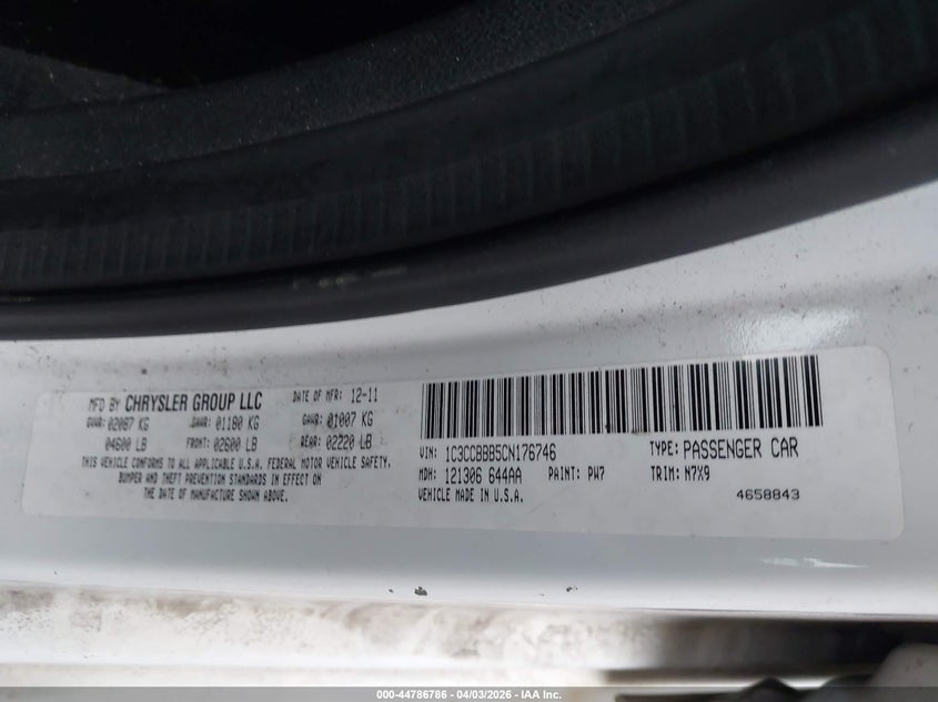2012 Chrysler 200 2.4 Touring white Lot 111044786786 Vin 1C3CCBBB5CN176746