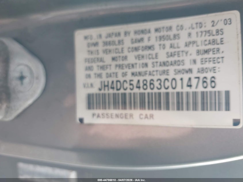 2003 Acura Rsx VIN: JH4DC54863C014766 Lot: 44786810