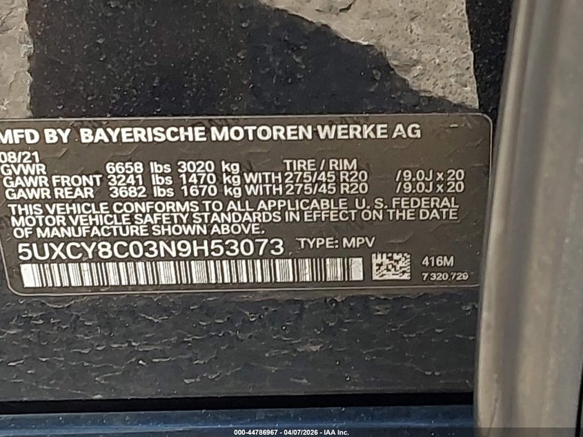 2022 BMW X6 M50I VIN: 5UXCY8C03N9H53073 Lot: 44786967