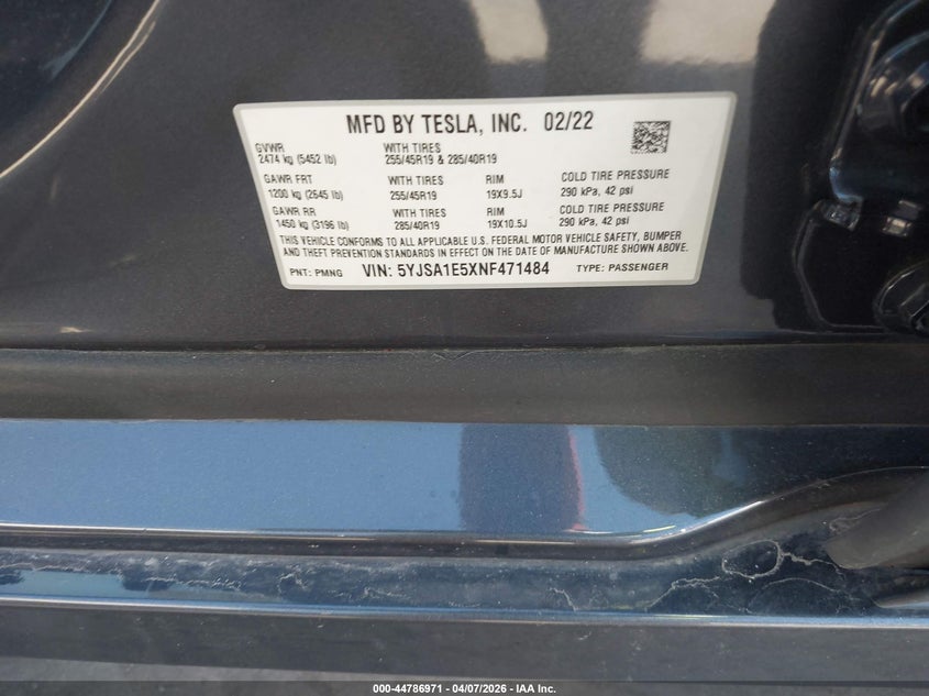 2022 Tesla Model S Dual Motor All-Wheel Drive VIN: 5YJSA1E5XNF471484 Lot: 44786971