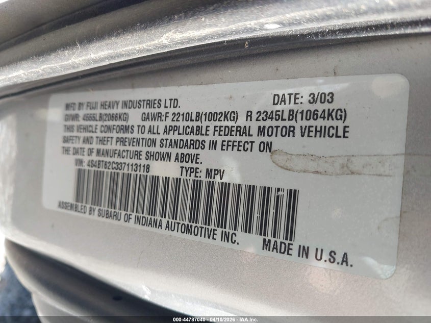 2003 Subaru Baja Sport VIN: 4S4BT62C337113118 Lot: 44787040