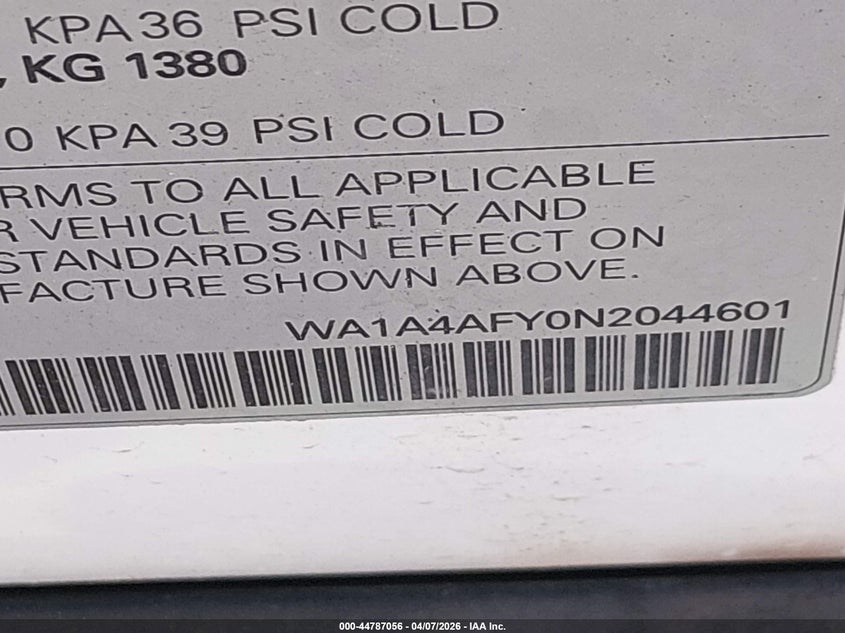 2022 Audi Sq5 Premium Tfsi Quattro Tiptronic VIN: WA1A4AFY0N2044601 Lot: 44787056