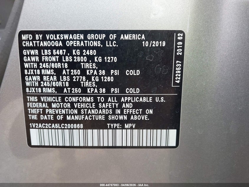 2020 Volkswagen Atlas Cross Sport 2.0T S VIN: 1V2AC2CA5LC200868 Lot: 44787083