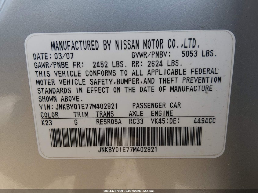 2007 Infiniti M45 Sport VIN: JNKBY01E77M402921 Lot: 44787099