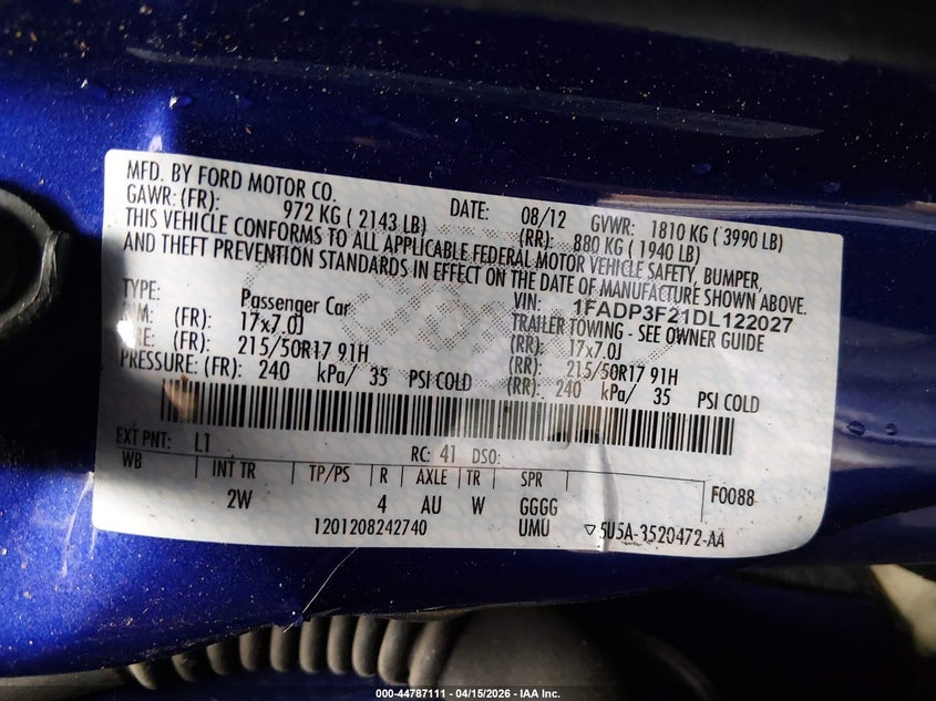 2013 Ford Focus Se VIN: 1FADP3F21DL122027 Lot: 44787111