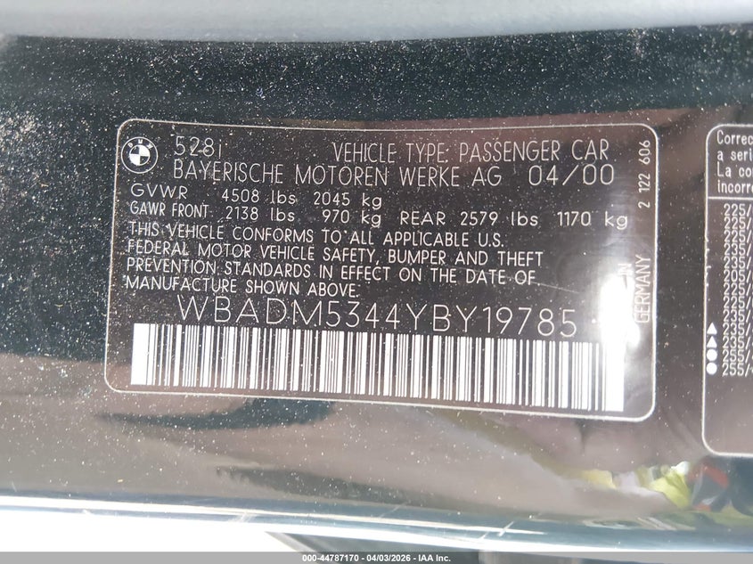 2000 BMW 528I VIN: WBADM5344YBY19785 Lot: 44787170
