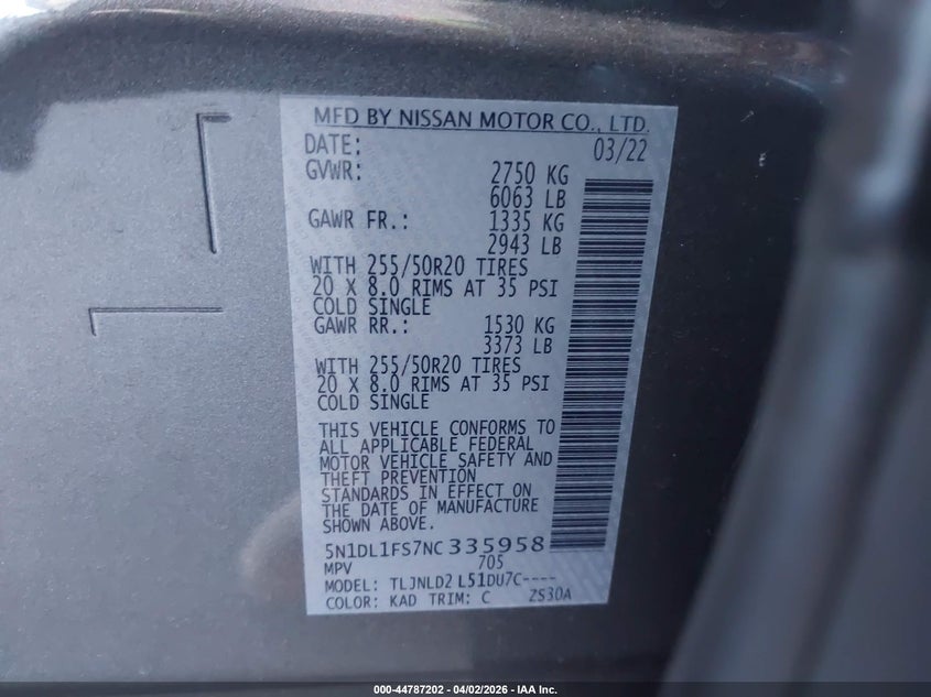 2022 Infiniti Qx60 Luxe Awd VIN: 5N1DL1FS7NC335958 Lot: 44787202