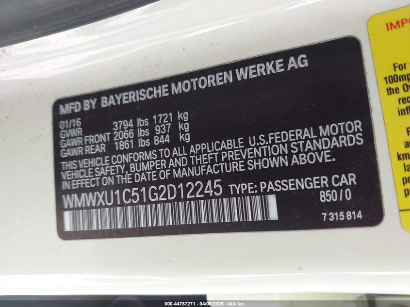 2016 Mini Hardtop Cooper VIN: WMWXU1C51G2D12245 Lot: 44787271